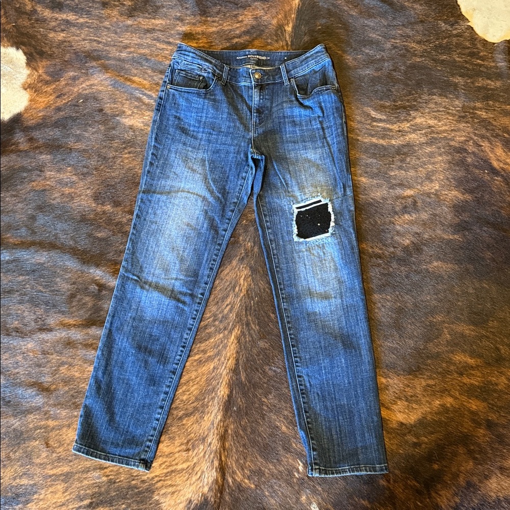 Chicos Distressed Blue Jeans with Black Sparkle Patch